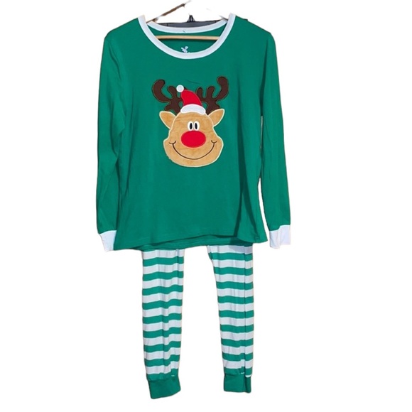 •CORA BEE•GREEN/WHITE STRIPED RUDOLPH MATCHING PAJAMA SET... MEDIUM (LIKE NEW) - Picture 1 of 10